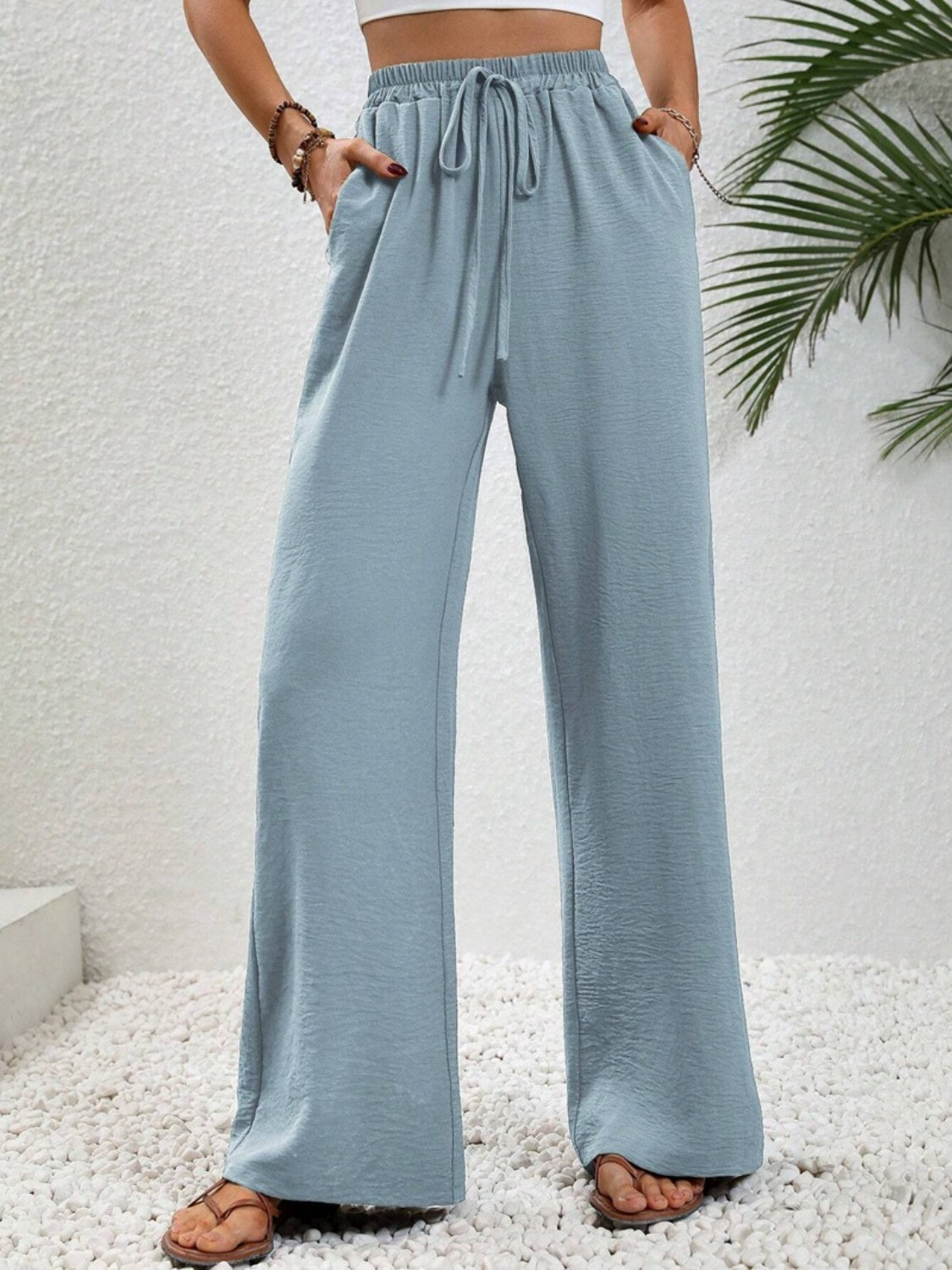 Wide Leg Drawstring Pants Light Blue e32af57d-daae-4b4d-a34f-00ed9510d901-Max Trendsi