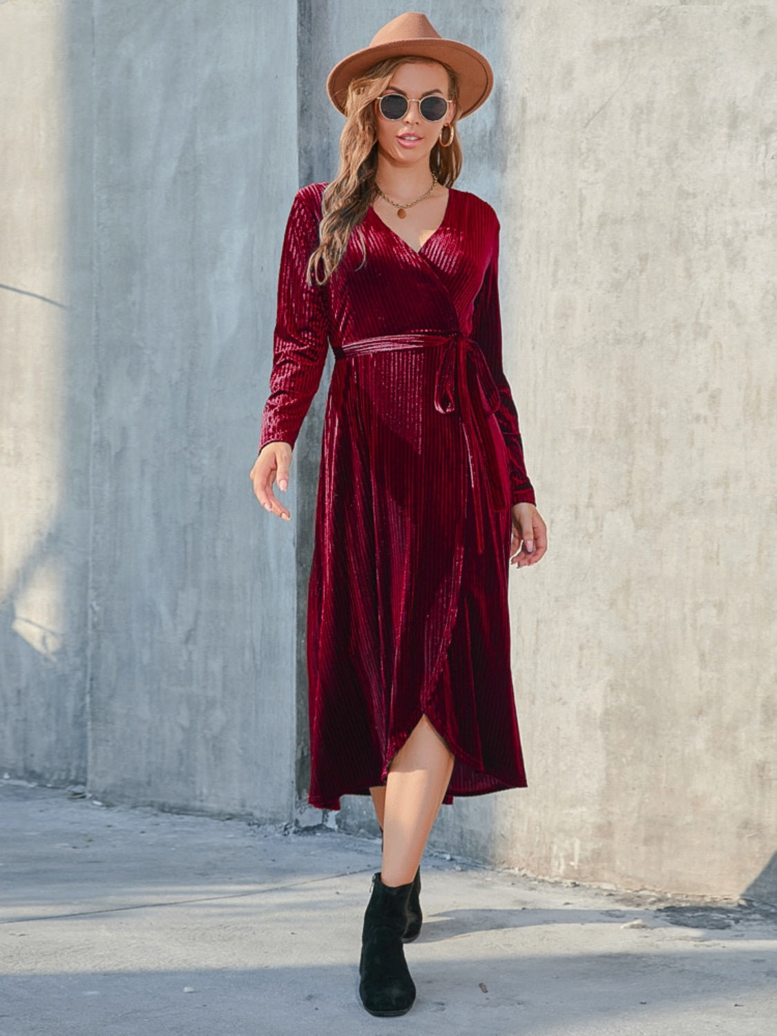 Tie Front Long Sleeve Slit Dress e34211057bde4292ac3d91be878e992a-Max Glownestbest