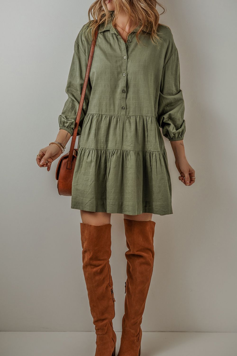 Tiered Collared Neck Balloon Sleeve Shirt Dress Army Green e441fd51-e01d-435d-bfba-24aa4134b710-Max Glownestbest