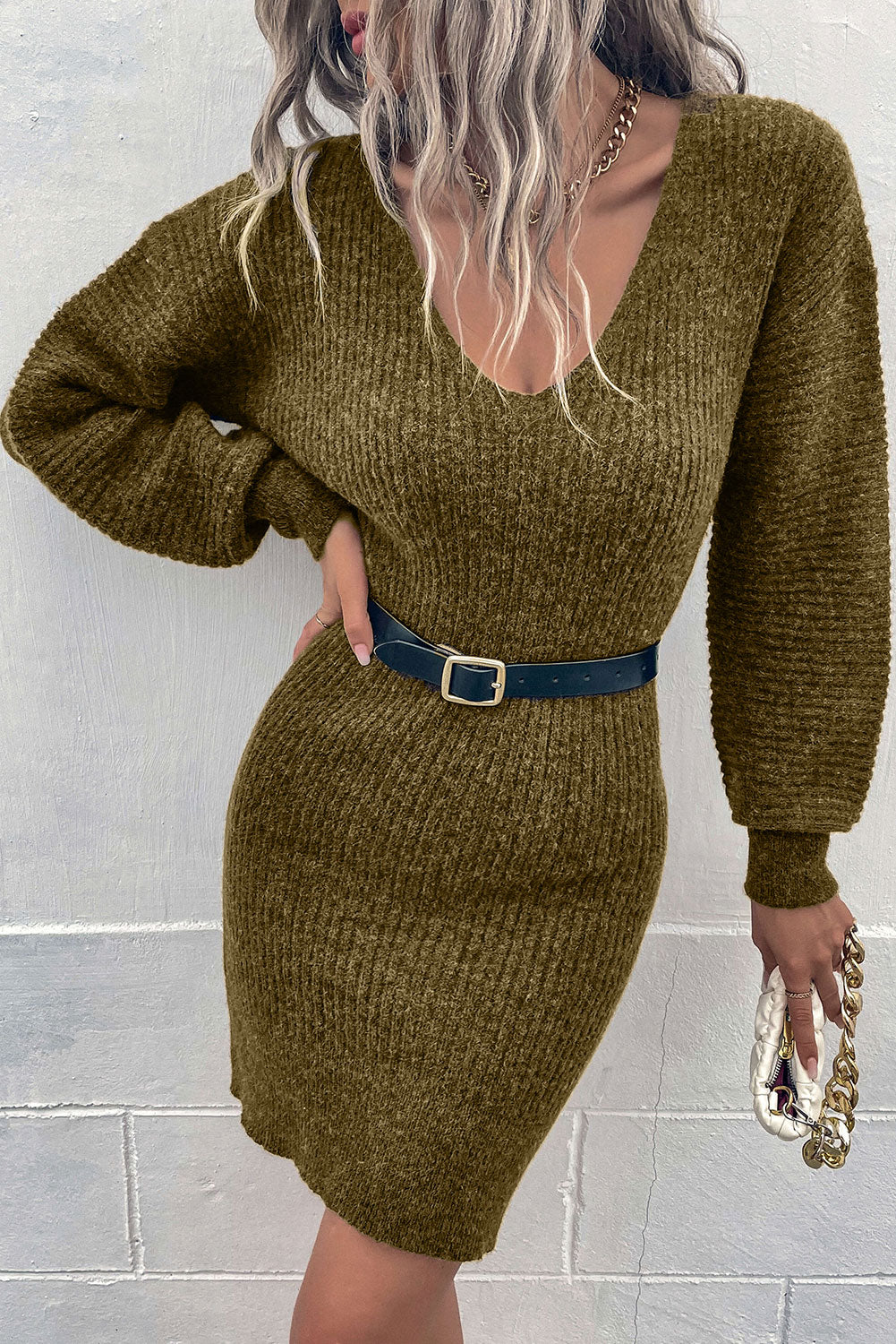 Ribbed Long Sleeve Sweater Dress Olive e4558acf27e048d69fc7d5f6f14c9a6f-Max Glownestbest
