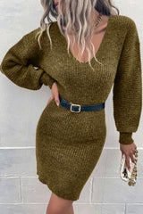 Ribbed Long Sleeve Sweater Dress Olive e4558acf27e048d69fc7d5f6f14c9a6f-Max Glownestbest