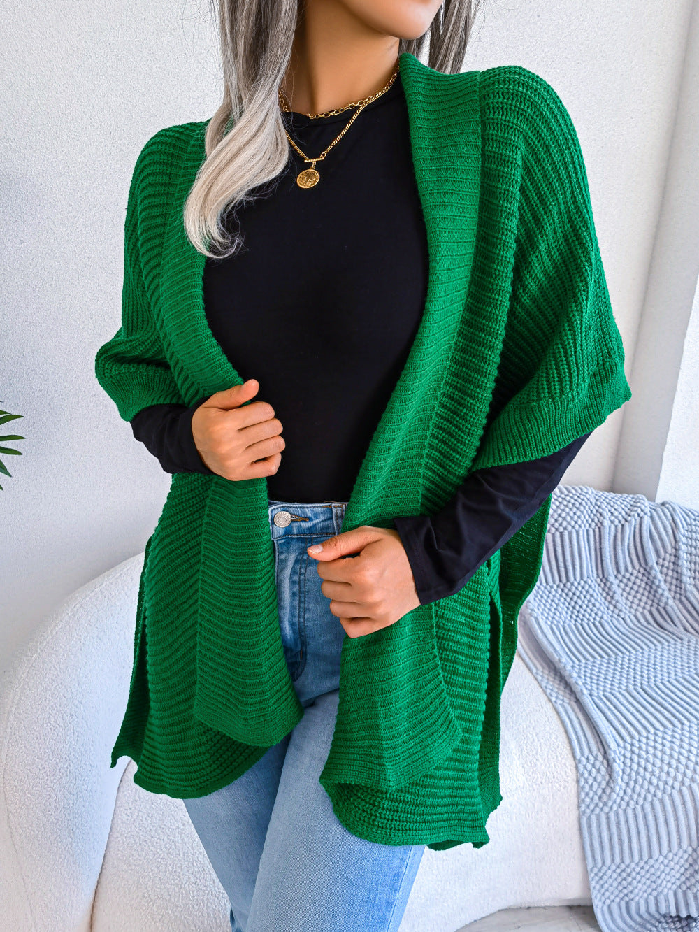 Glownestbest® | Horizontal Ribbing Open Front Slit Cardigan Green e47b5d3c31894904af524f0e2c88cd77-Max Glownestbest