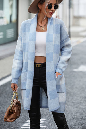Glownestbest® | Plaid Dropped Shoulder Cardigan with Pocket e4ba424105a247268a54a82fdba9a75f-Max Glownestbest