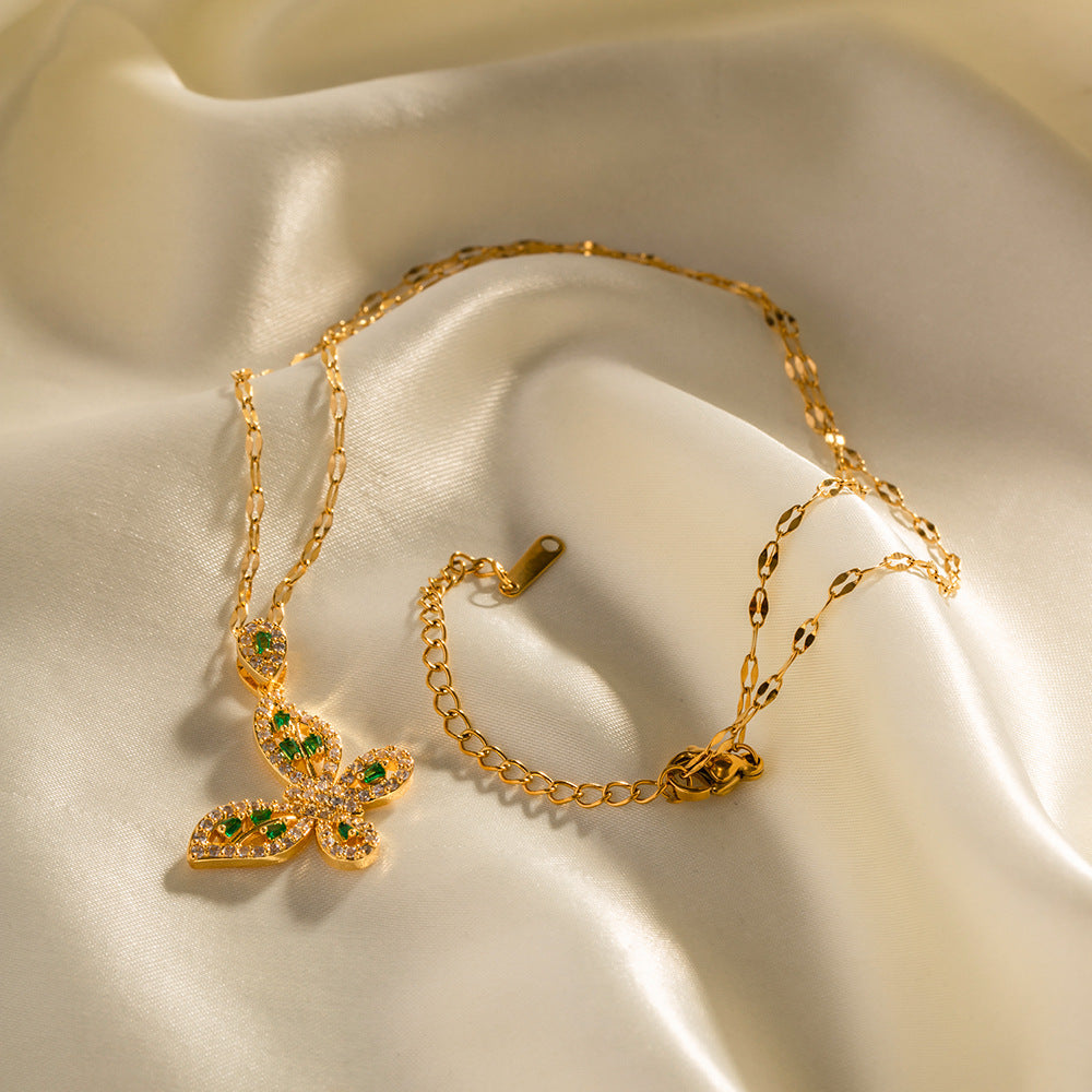 18K Gold Exquisite Dazzling Inlaid White Green Zircon Hollow Butterfly Design Pendant Necklace e4e353cd-170c-48be-81bb-63c95c0e5137 Artshiney
