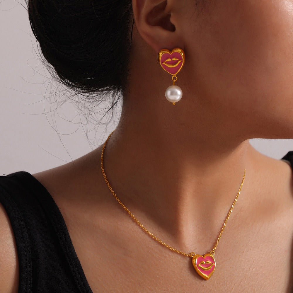 18K gold trendy personalized lips with pearl design simple style necklace and earrings set e51dc2f1-fecb-48b9-b0fa-3fc9c6224c42 Artshiney