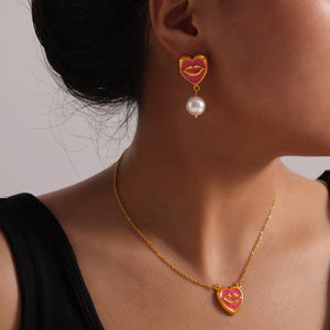 18K gold trendy personalized lips with pearl design simple style necklace and earrings set e51dc2f1-fecb-48b9-b0fa-3fc9c6224c42 Artshiney