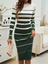 Devine Color Block Round Neck Long Sleeve Midi Dress Dark Green e53b2590-2f7b-475b-a238-acb265dcc094-Max Glownestbest