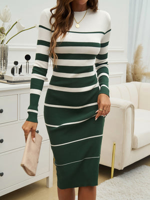 Devine Color Block Round Neck Long Sleeve Midi Dress Dark Green e53b2590-2f7b-475b-a238-acb265dcc094-Max Glownestbest
