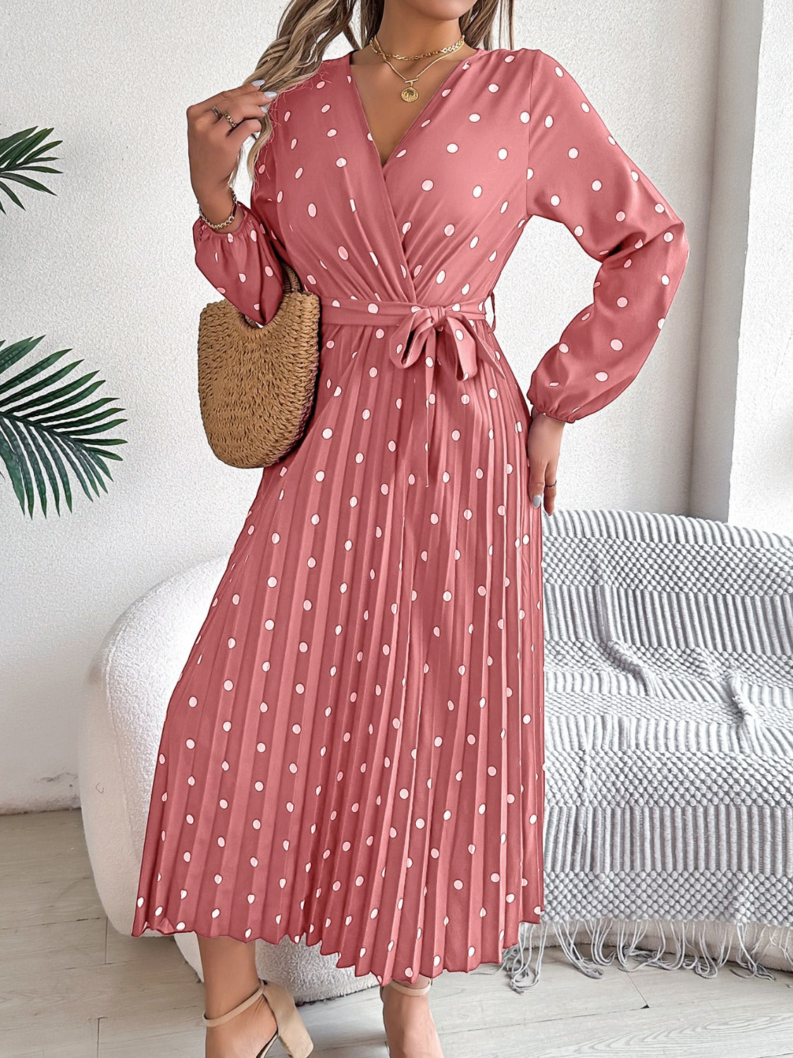 Tied Polka Dot Long Sleeve Midi Dress e5803919-214b-4eb4-8291-edcd957198a2-Max Glownestbest