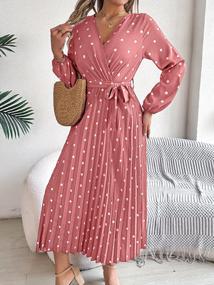 Tied Polka Dot Long Sleeve Midi Dress e5803919-214b-4eb4-8291-edcd957198a2-Max Glownestbest
