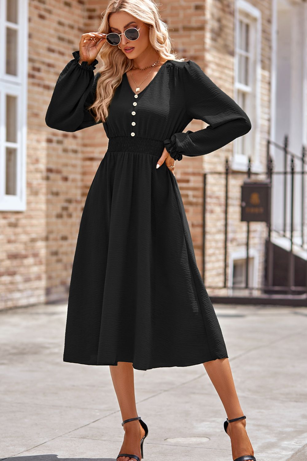 Smocked V-Neck Flounce Sleeve Midi Dress e598a77c-963c-402b-8e07-bc1c34982146-Max Glownestbest