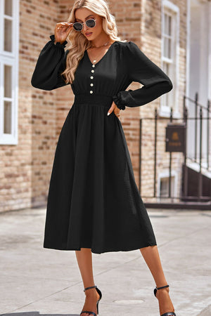 Smocked V-Neck Flounce Sleeve Midi Dress e598a77c-963c-402b-8e07-bc1c34982146-Max Glownestbest