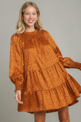 Umgee Smocked Leopard Long Sleeve Tiered Dress Copper e5e8da31-c03f-4ec2-ab35-598b8f97e405-Max Trendsi