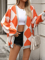 Checkered Dropped Shoulder Long Sleeve Cardigan Orange e607fc86-4455-4490-8d90-a3cc2a9e530c-Max Glownestbest