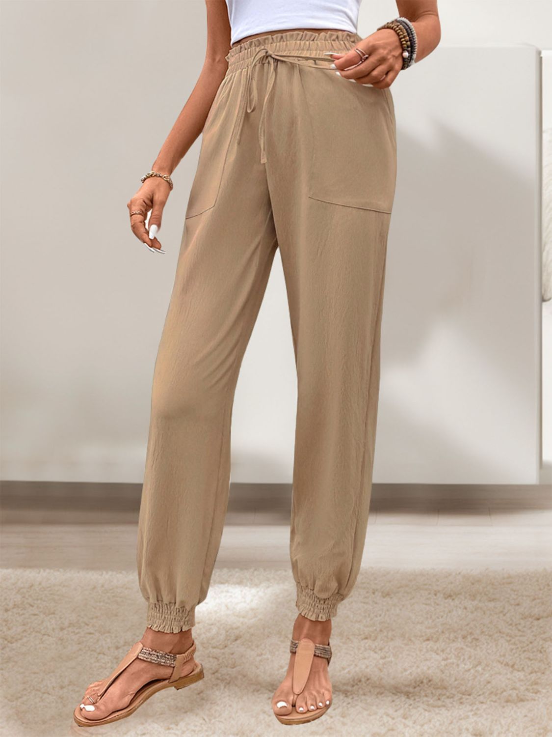 Perfee Tied Elastic Waist Pants with Pockets e64b98a8-5b39-40e7-abb0-bbb6a6c7e1a7-Max Trendsi