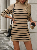 Striped Mock Neck Long Sleeve Mini Dress Tan e7101899-097f-4f9e-85c3-ae008cb56901-Max Glownestbest