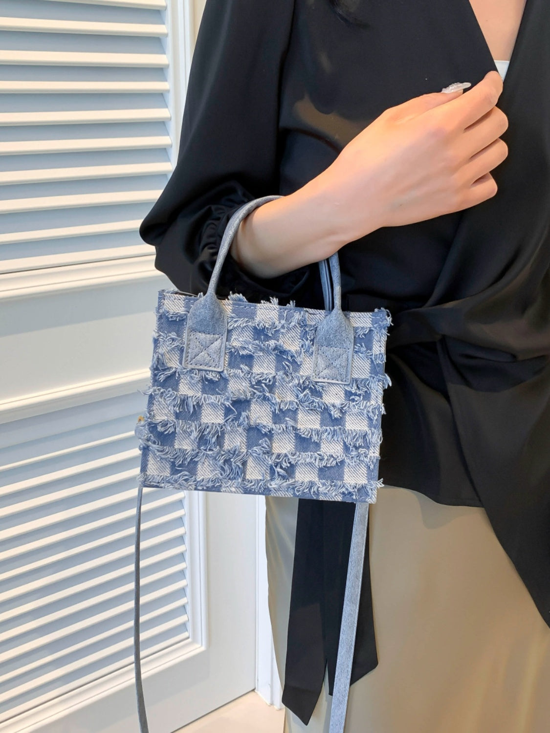 Raw Edge Plaid Shoulder Bag Light Blue One Size e7f0a1af-0850-416a-b8a9-2f9ff4f8297c-Max Trendsi