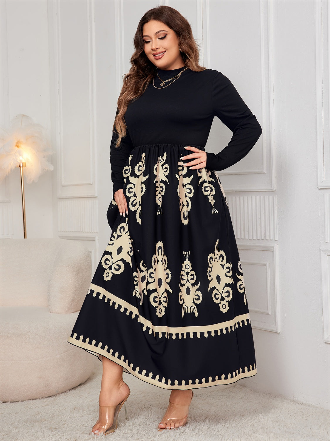 Honey Plus Size Printed Mock Neck Long Sleeve Dress e82b3850-0e27-4867-b6c1-f95405208e30-Max Glownestbest
