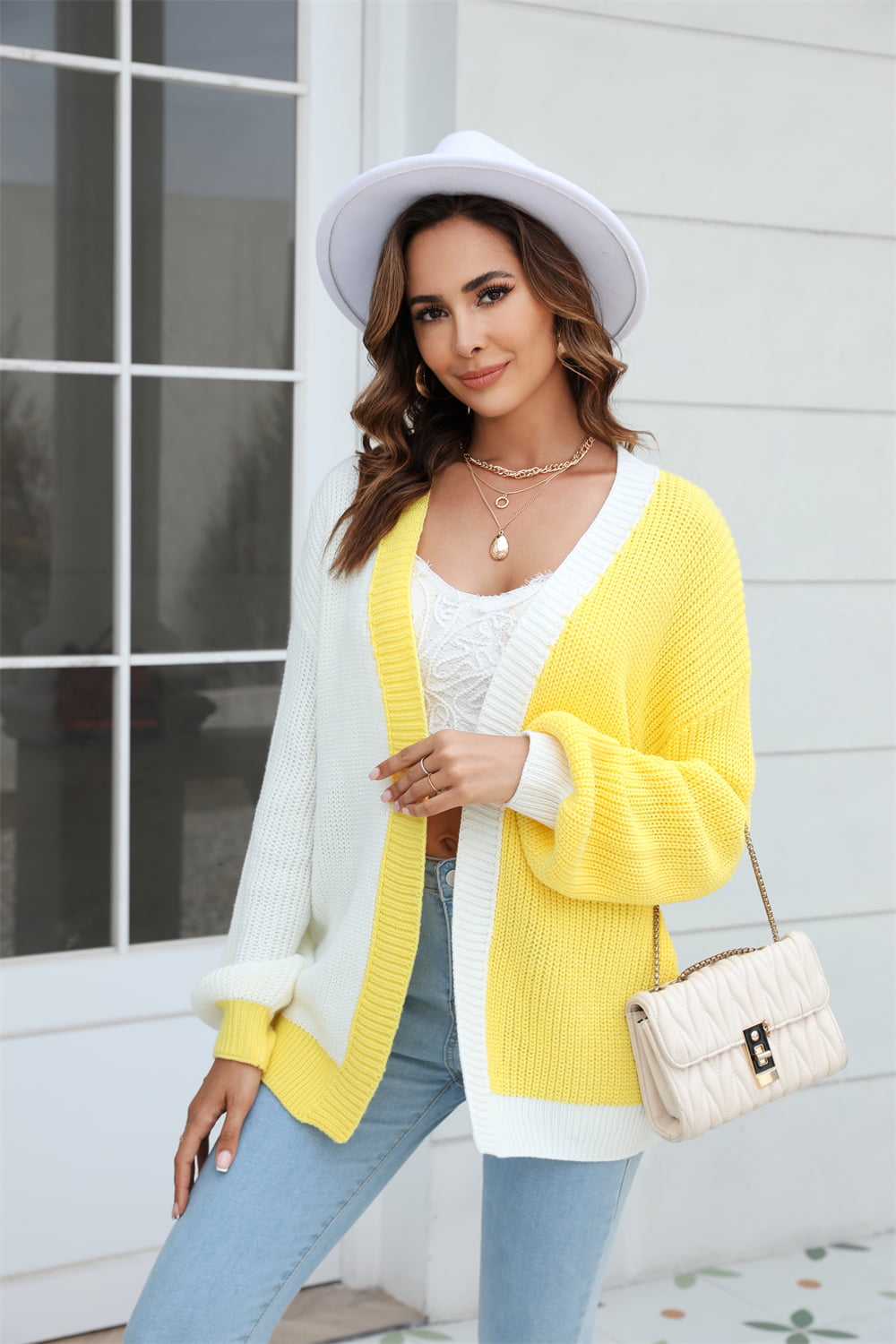 Angel Wings Open Front Contrast Color Balloon Sleeve Cardigan Yellow e83d5e7e5b064f69b939ea726c40eb9b-Max Glownestbest