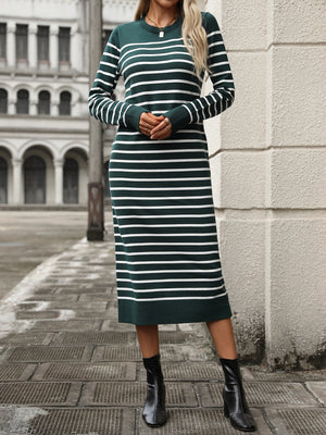 Striped Round Neck Long Sleeve Dress e8490df4-f48b-4bb1-be5d-26940ea48eef-Max Glownestbest