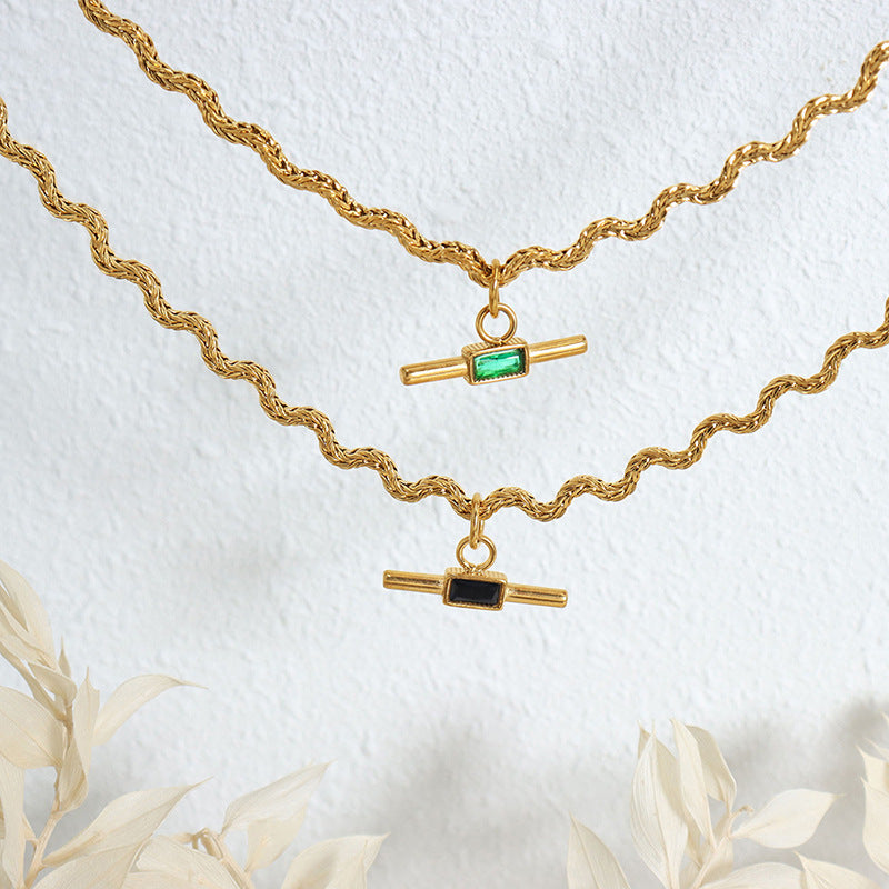 18K gold novel and trendy wave-shaped chain with square stone design necklace e869c588-1e66-467a-b77a-a56aa32db3d8 Artshiney