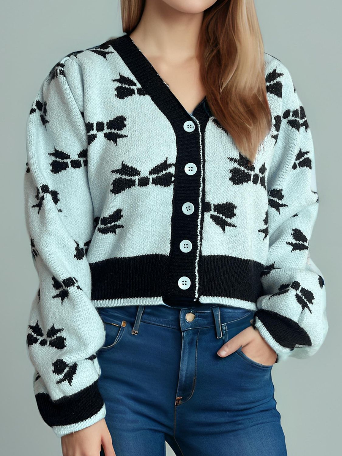 Bow V-Neck Button Down Long Sleeve Cardigan e8c57f2a-f50a-41ce-8f55-3bd039f3e0a4-Max Glownestbest