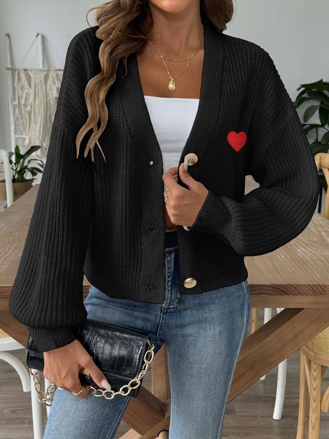 Heart Button Down V-Neck Long Sleeve Cardigan Black e9006895-f9c0-42e7-9770-1523da80c706-Max Glownestbest