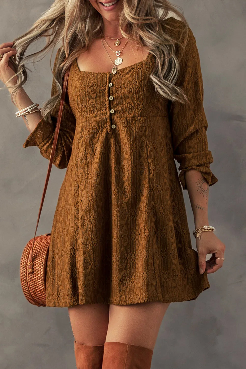 Textured Square Neck Mini Dress Caramel e9388f94-729e-43fc-a100-6268bd4746fa-Max Glownestbest