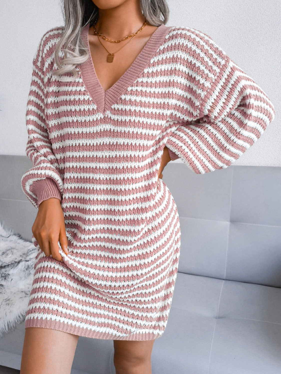 Striped V-Neck Long Sleeve Mini Sweater Dress e93e6614-c34b-4c6f-8c8d-1d797a4af5b1-Max Glownestbest