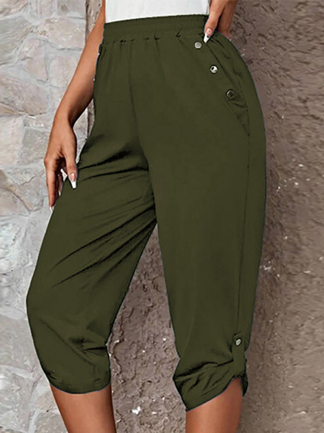 Full Size Roll-Tab Capris Pants e9b9b64c12254e91a5bd5f553a4e6427-Max Trendsi