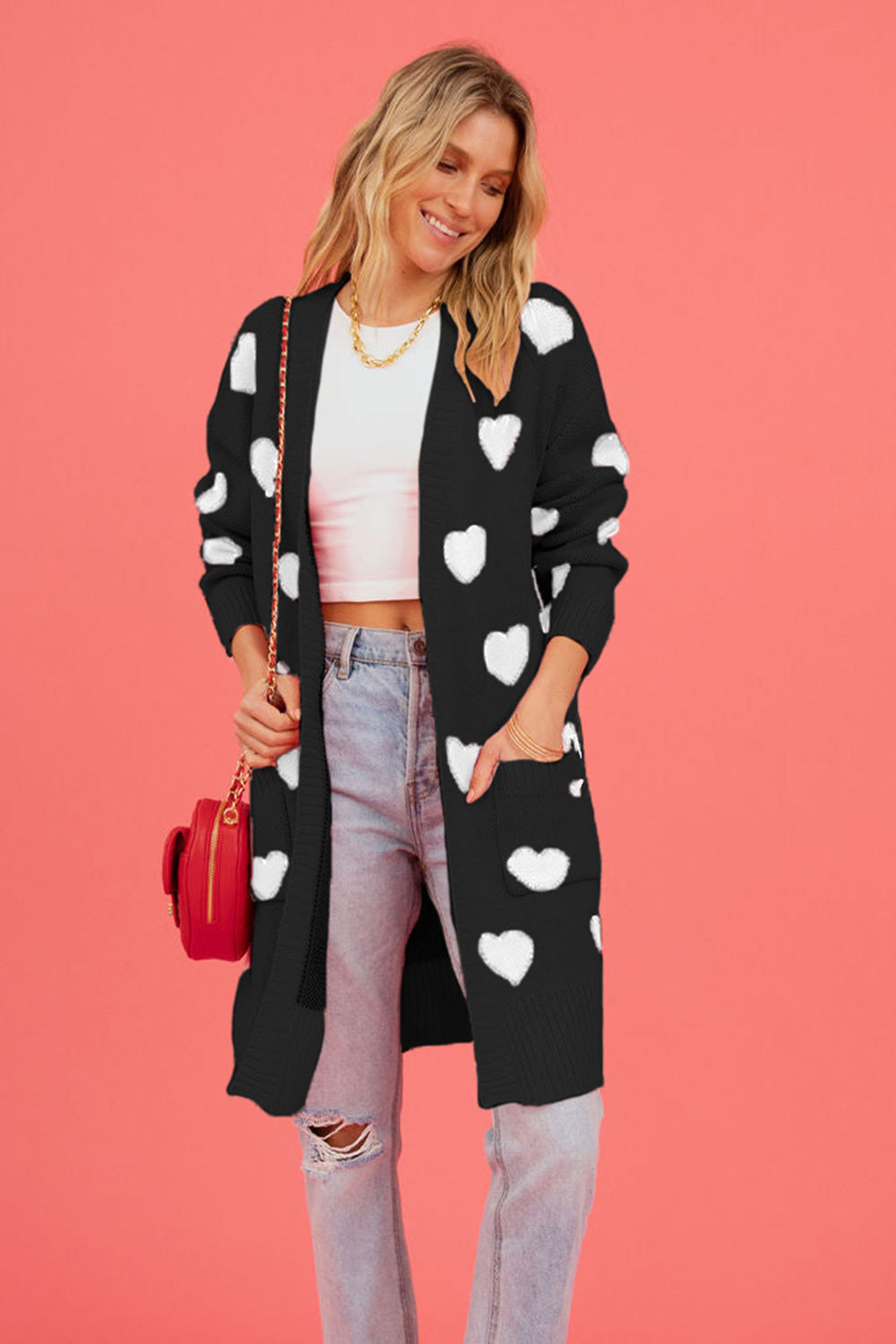 Heart Graphic Open Front Cardigan with Pockets Black e9ecf94de0c04caa86e9545b3265d185-Max Glownestbest