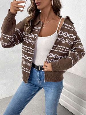 Perfee Geometric Zip Up Collared Neck Long Sleeve Cardigan ea008b36-b0af-43a3-99ab-38318f09a18c-Max Glownestbest