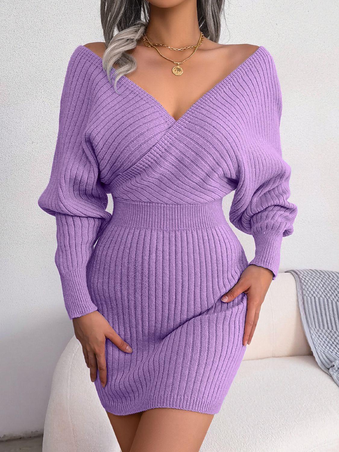 Rib-Knit Dolman Sleeve Sweater Dress eac81428f96349c183fa6563772541d4-Max Glownestbest