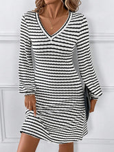 Striped V-Neck Long Sleeve Dress Black eb706dbb-47f5-4ff9-8631-17082bc64ce0-Max Glownestbest