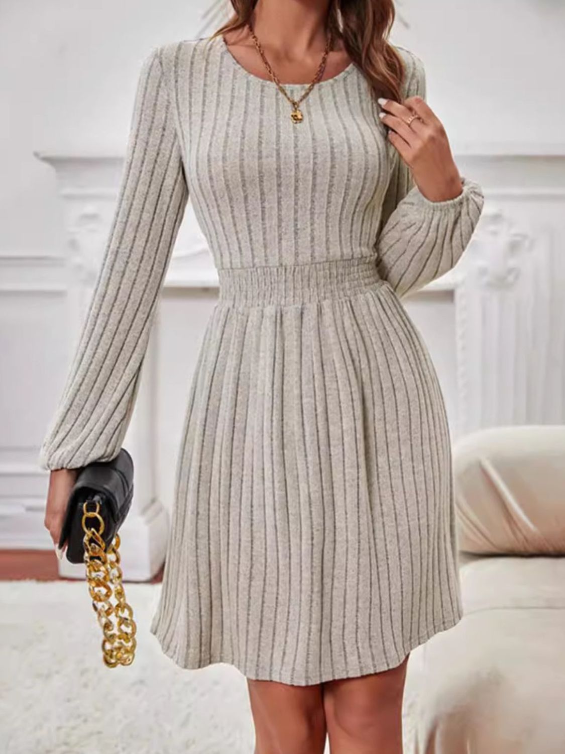 Smocked Round Neck Long Sleeve Knee Length Dress Dust Storm eb99d139-cc19-4b87-a15d-2e53ef14a0d4-Max Glownestbest