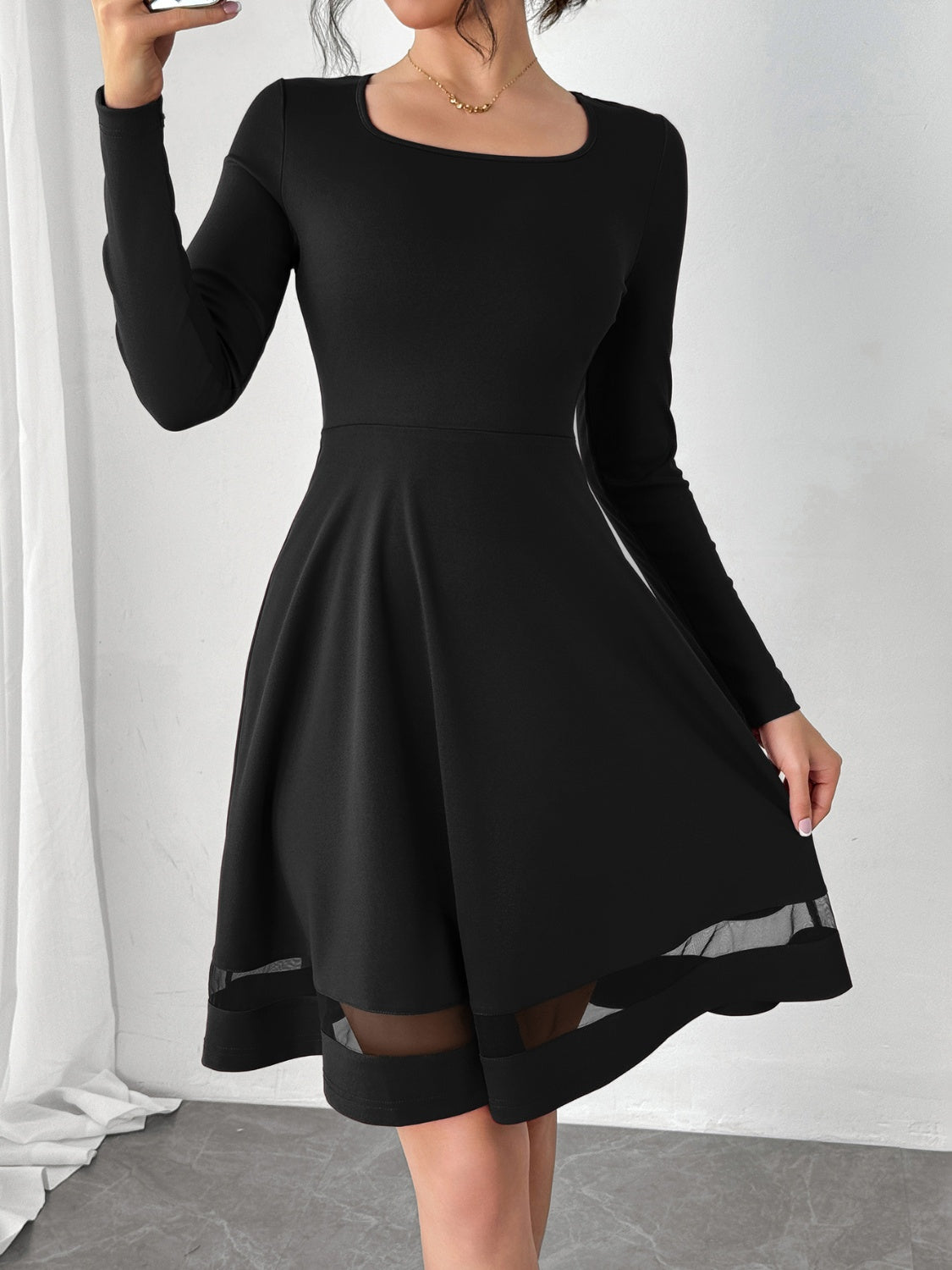 Square Neck Long Sleeve Mini Dress Black ec337fdb-d120-40d4-a986-b99dc26d1a16-Max Glownestbest