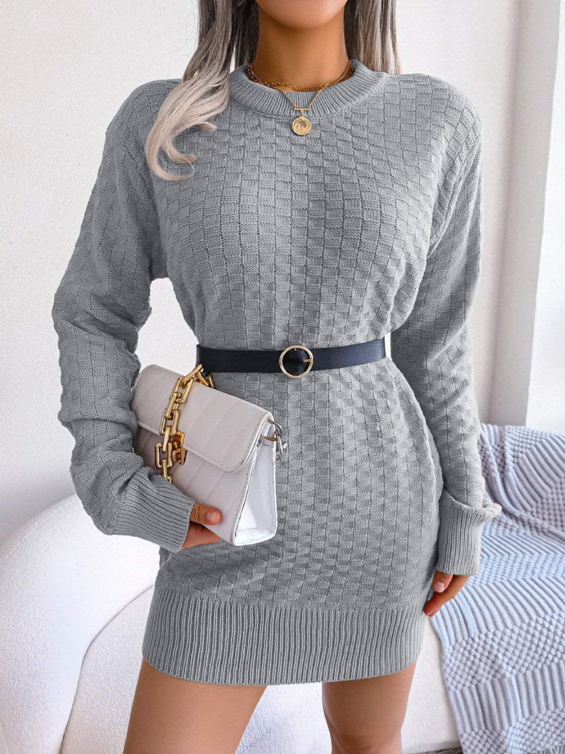 Round Neck Long Sleeve Mini Sweater Dress Gray ec34cfc7-875c-4593-aad5-7bda69ed575c-Max Glownestbest