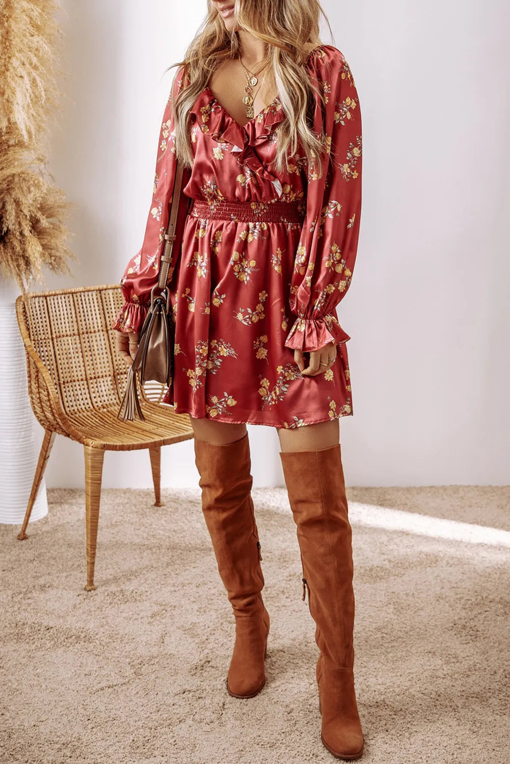 Ruffled Surplice Flounce Sleeve Mini Dress ecc8025d-d640-40f2-84a9-2b9a84e9b498-Max Glownestbest
