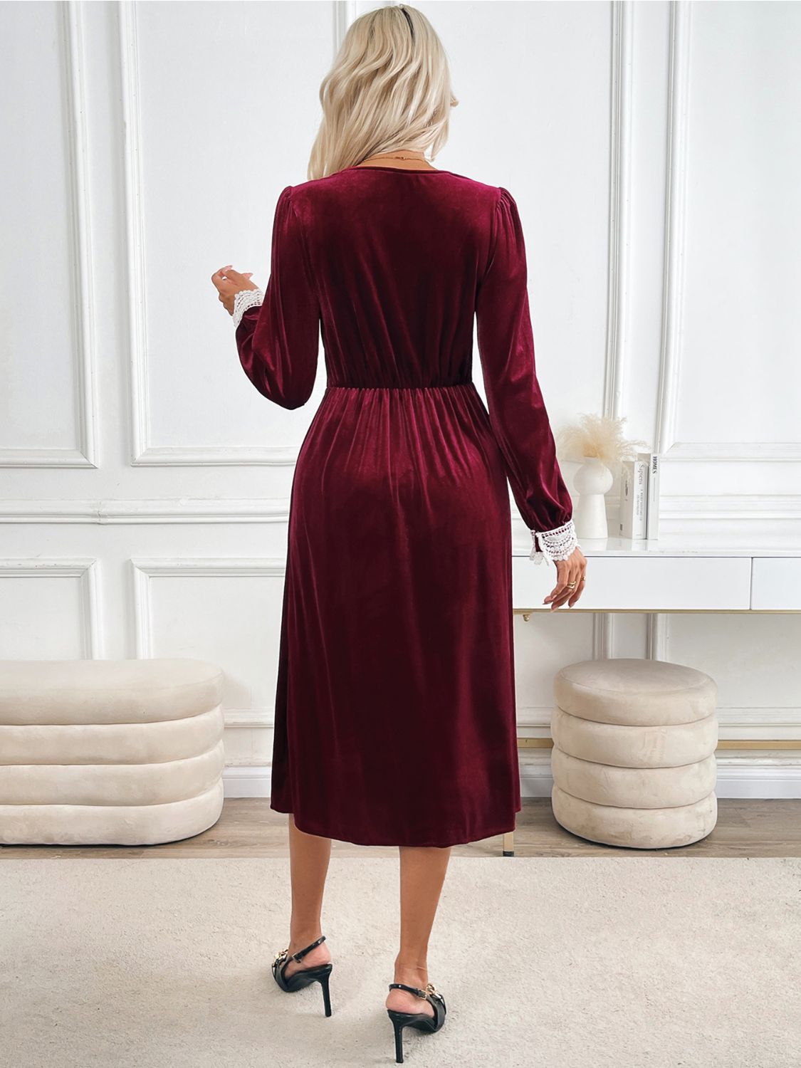 Perfee Lace Detail V-Neck Long Sleeve Midi Dress ede90cd5-4b98-4f1b-9633-62a87f180cc7-Max Glownestbest