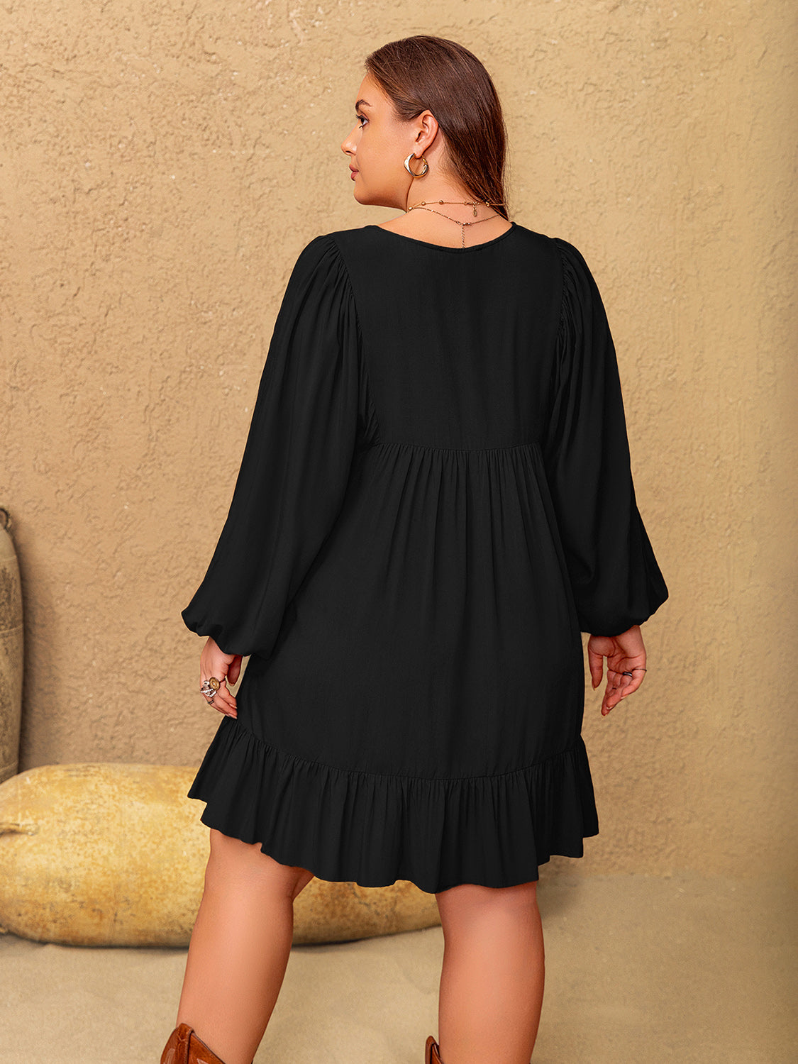 Plus Size Embroidered Tie Neck Long Sleeve Mini Dress eebb25eb-f84b-49da-9a63-dd55418f5fdf-Max Glownestbest