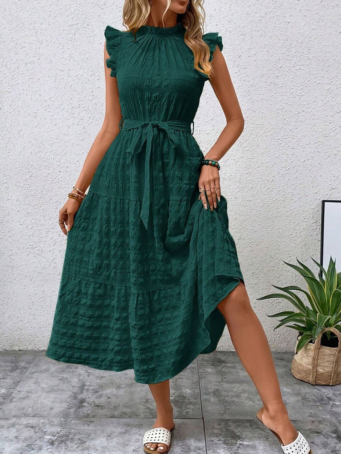 Tied Ruffled Cap Sleeve Midi Dress Dark Green ef409564-8b25-4e3a-976c-3a9840dc606e-Max Trendsi
