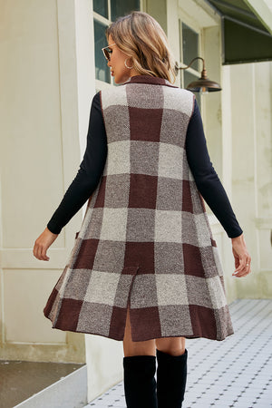 Glownestbest® | Plaid Open Front Sleeveless Cardigan with Pockets ef80ff723125484f95019f7c59037f8f-Max Glownestbest