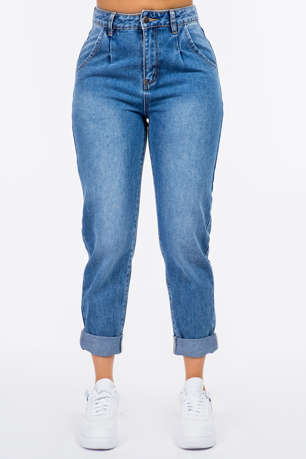 American Bazi High Waist Pleated Waist Mom Jeans Blue eff30a41-1123-487b-8dea-c233dfdcddda-Max Trendsi