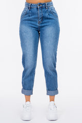 American Bazi High Waist Pleated Waist Mom Jeans Blue eff30a41-1123-487b-8dea-c233dfdcddda-Max Trendsi