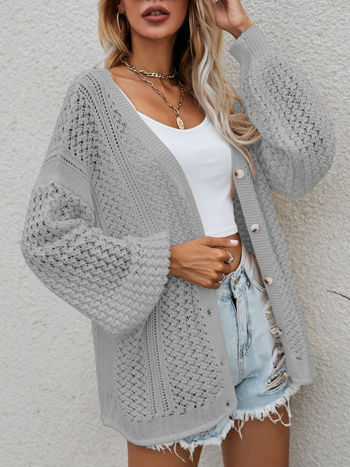 Glownestbest® | Openwork Button Front Cardigan eff84183502e4b52bcaae115bdbbb948-Max Glownestbest