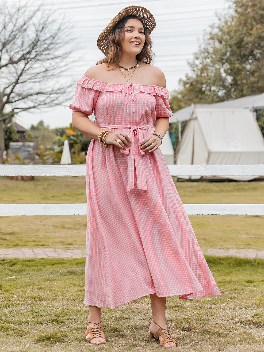 Plus Size Plaid Off-Shoulder Short Sleeve Midi Dress Blush Pink f0b4e403-53c3-464a-9102-8f743e2f8d8e-Max Trendsi