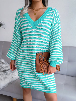 Striped V-Neck Long Sleeve Mini Sweater Dress f0d9ed0d-d397-48b1-8326-862851de3098-Max Glownestbest