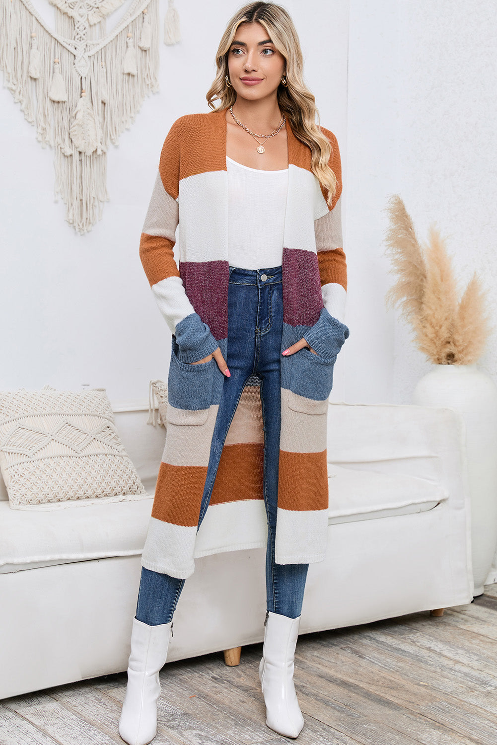 Long Color Block Open Front Pocketed Cardigan f10218ffdbbb4c63aba34b06111a160c-Max Glownestbest