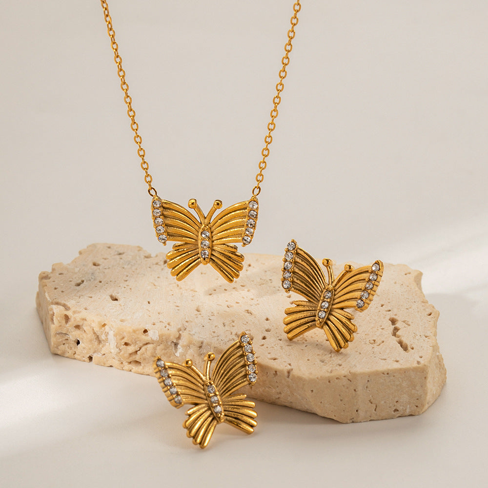 18K Gold Noble and Exquisite Butterfly Inlaid White Zircon Pendant Necklace Earrings Set f1554bfd-532b-4ed1-aef7-ac63594958a6 Artshiney