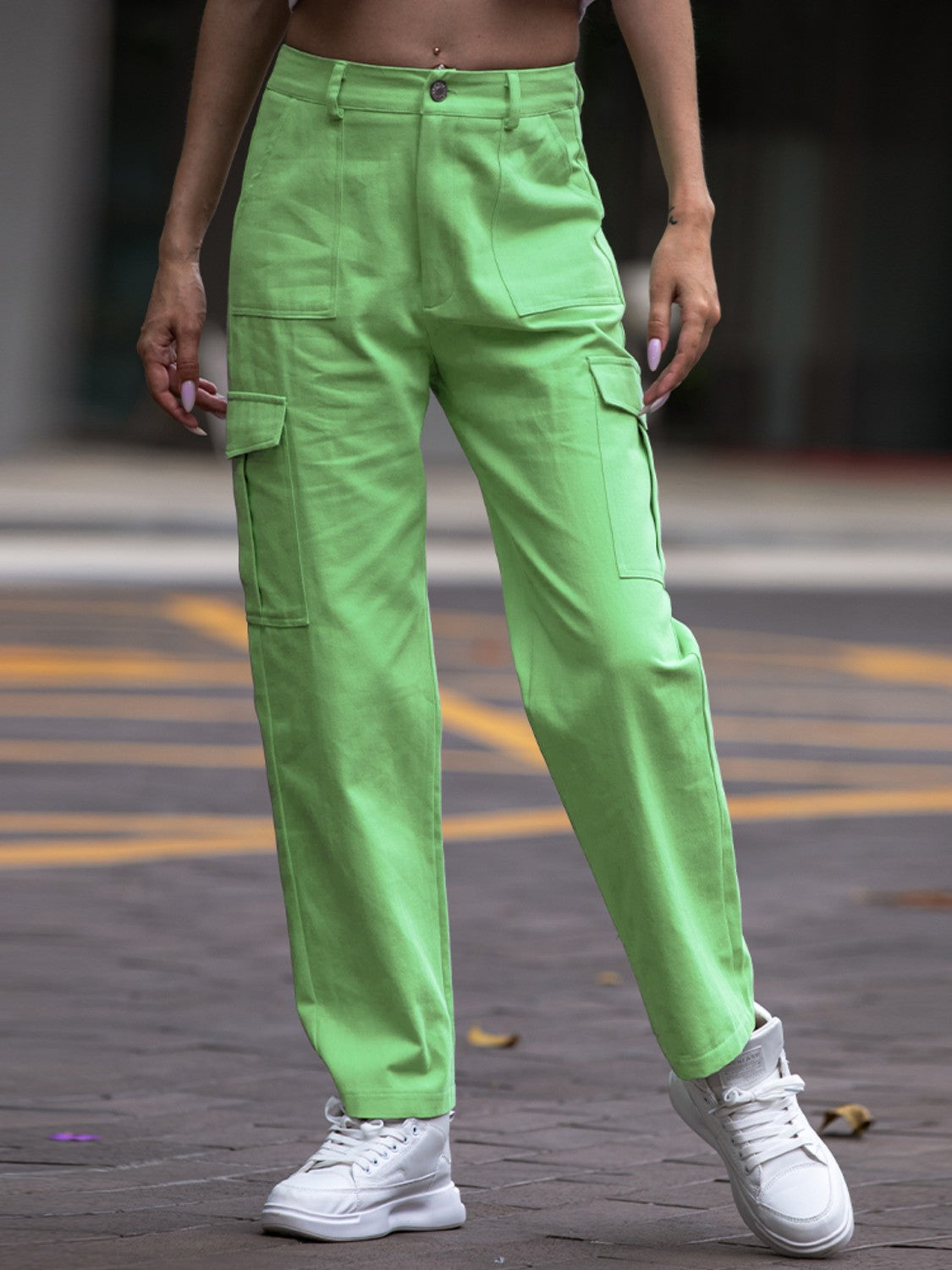 Shiny Straight Leg Cargo Pants Mid Green f184c286acef465392e30c7ab349b7f0-Max Trendsi